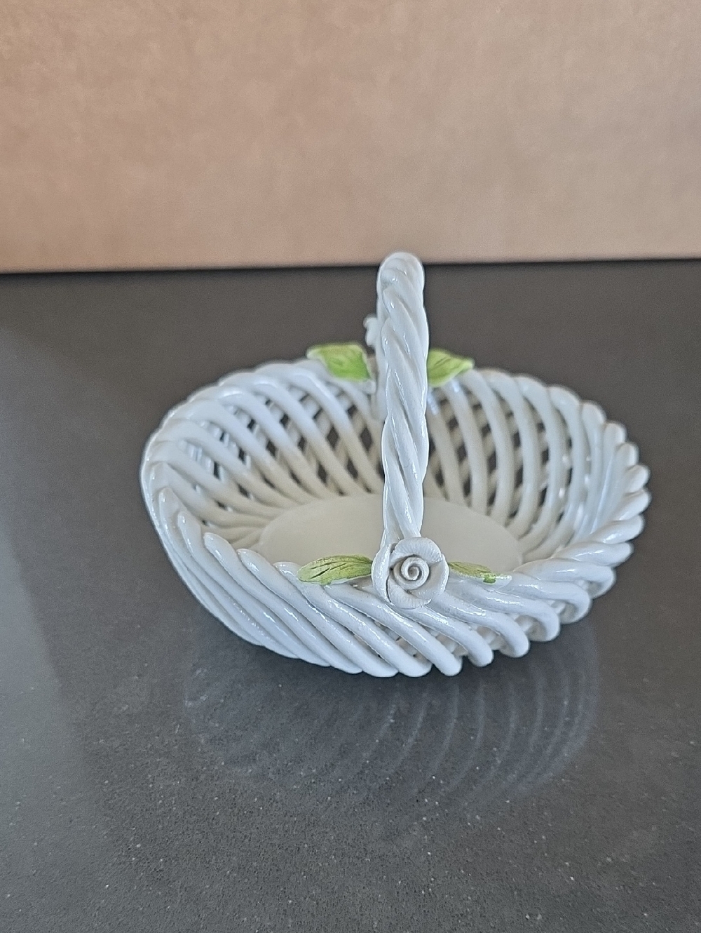 White Decorative Ceramic Basket with Handle and Leaf Accents